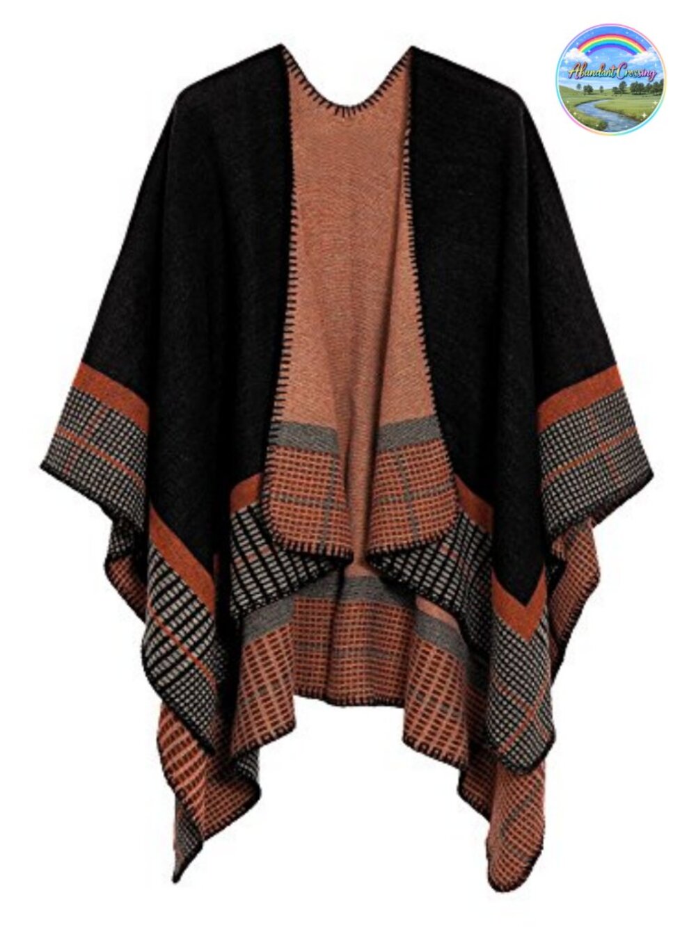 Retro Color Block Open Front Poncho Shawl Wrap Cape Ruana